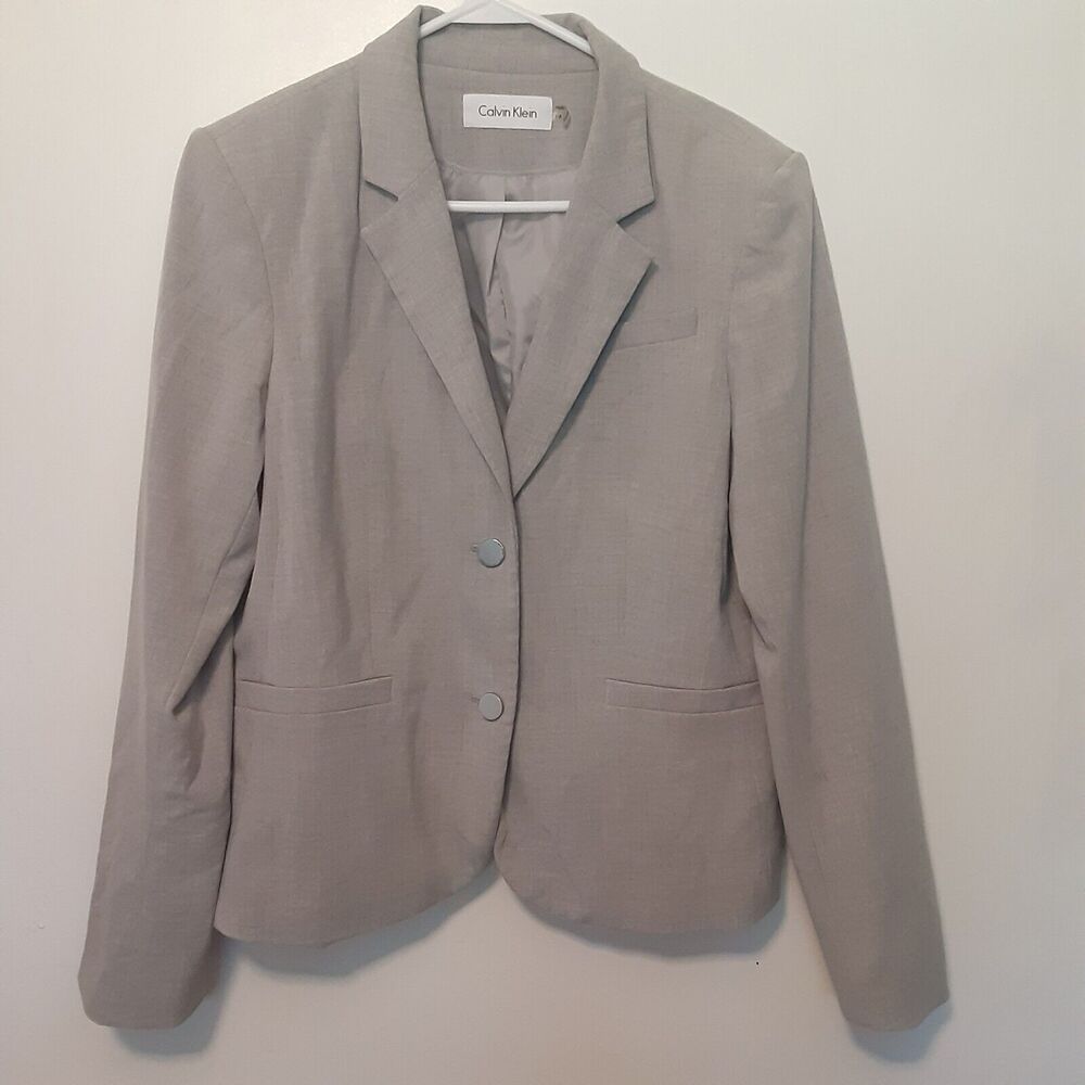 Calvin Klein Blazer Womens Size 14 Gray Long Sleeve Lined 2 Button Stretch